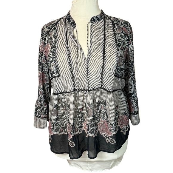 Lucky Brand Plus Sheer Mixed Print Bell Sleeve Peplum Peasant Top 2X Cottage - Picture 5 of 16